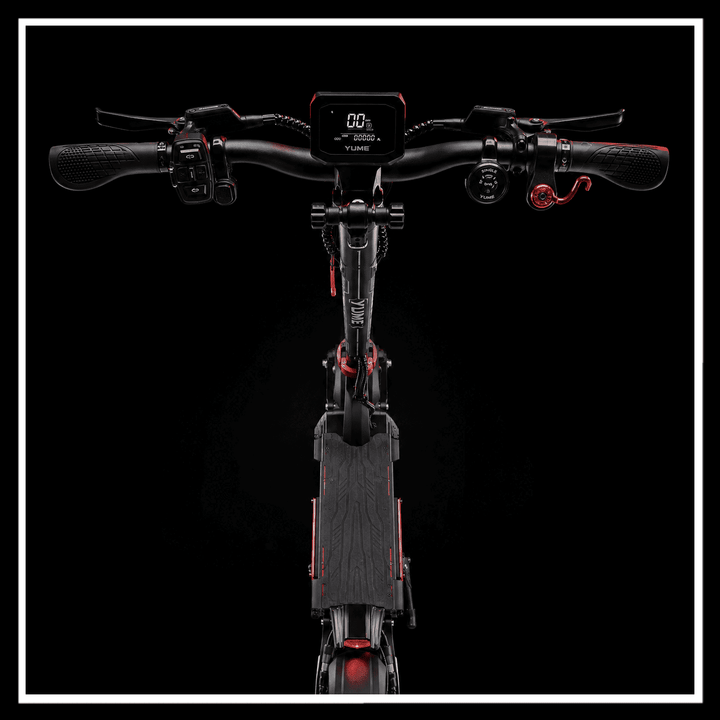 YUME Raptor 2 electric scooter front view with handlebars and display on a black background.