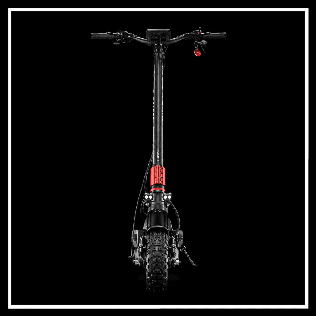 YUME Raptor 2 electric scooter with rugged tires and sleek design, front view against a black background.