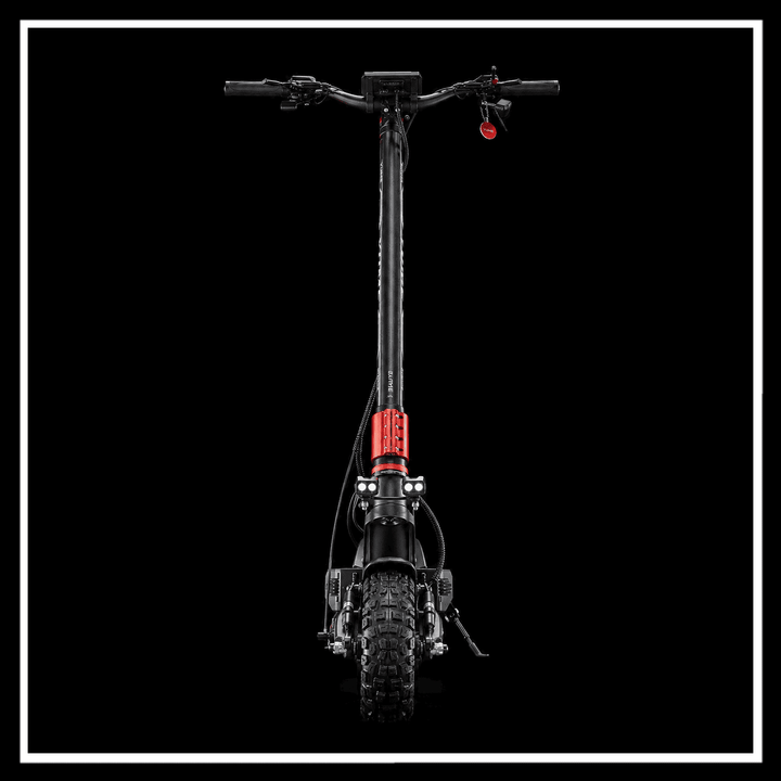 YUME Raptor 2 electric scooter with rugged tires and sleek design, front view against a black background.