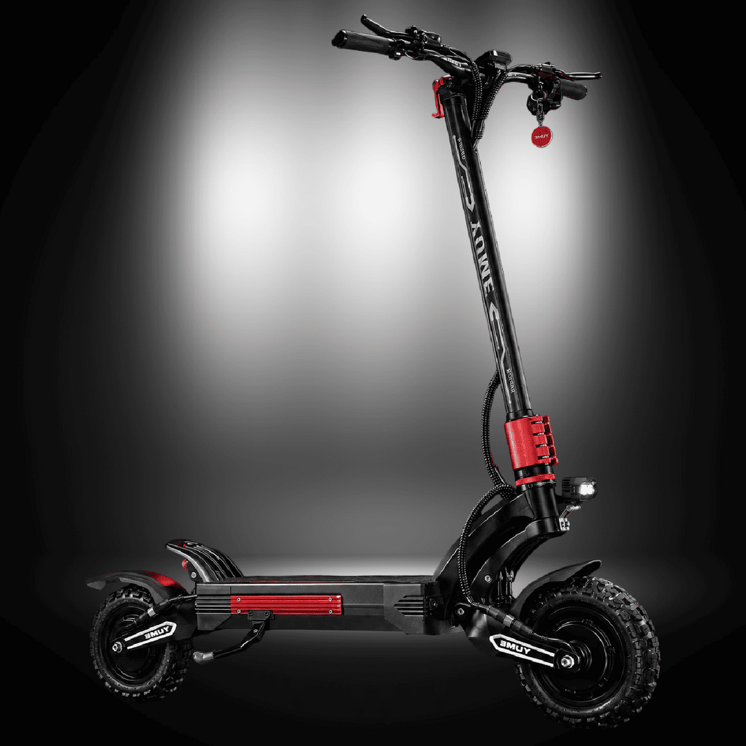 YUME Raptor 2 electric scooter showcasing high-performance features and sleek design on a spotlighted background.