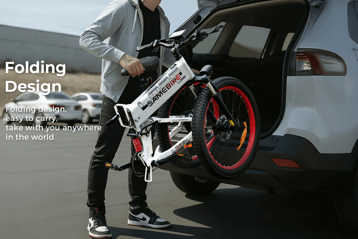 Person loading a folding bike into a car, showcasing its portable design for travel.