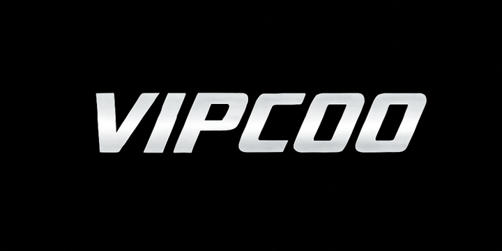 VIPCOO logo displayed in silver on a black background, representing a modern brand identity.