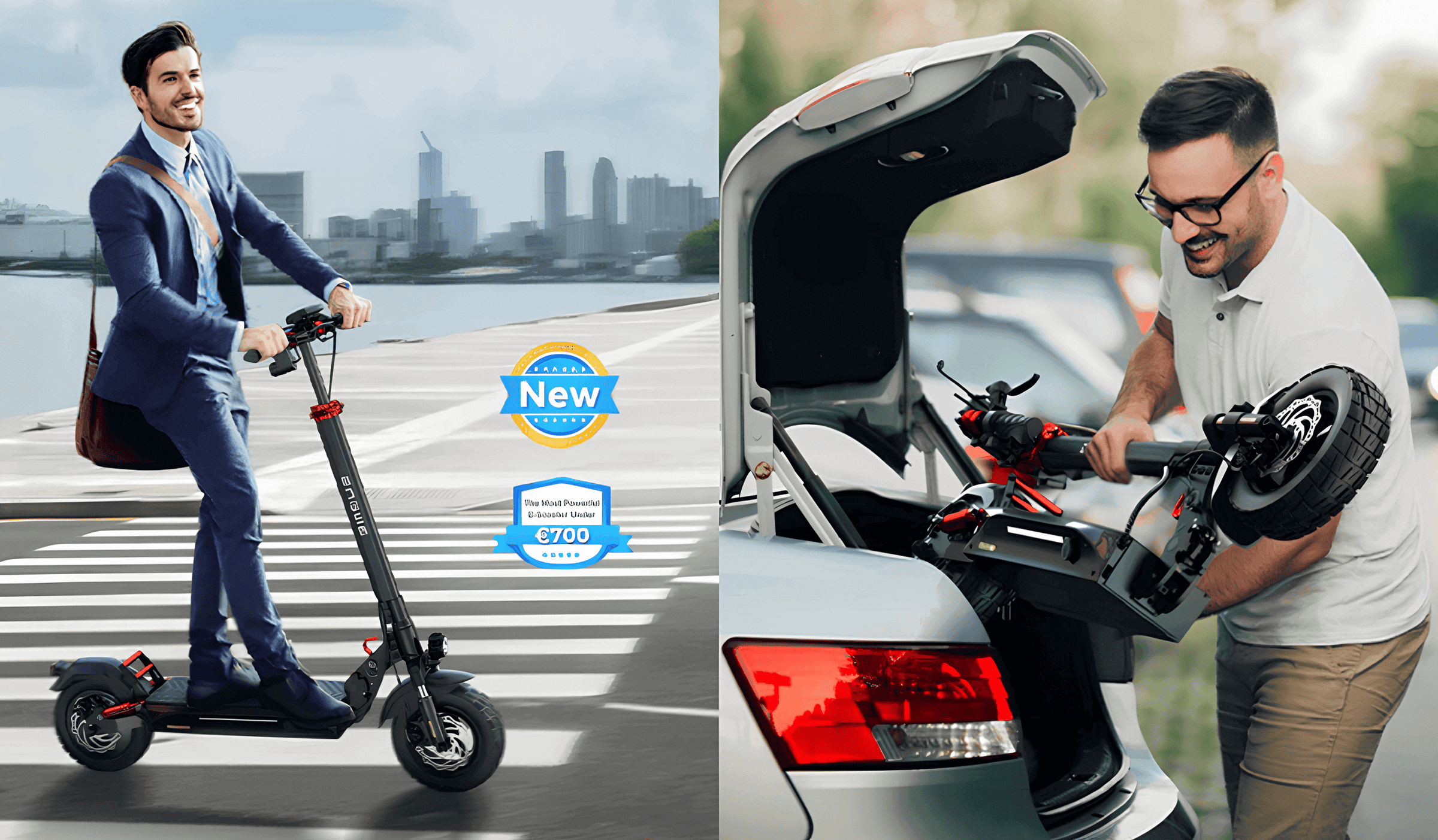 A man in a suit riding an electric scooter and another man loading it into a car trunk, showcasing portability.