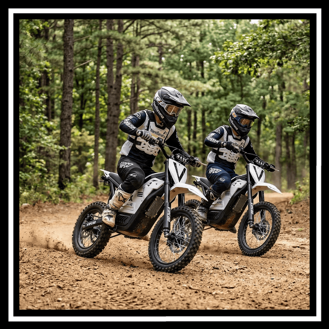 Two riders on VIPCOO H2 electric dirt bikes racing on a dirt trail surrounded by trees.