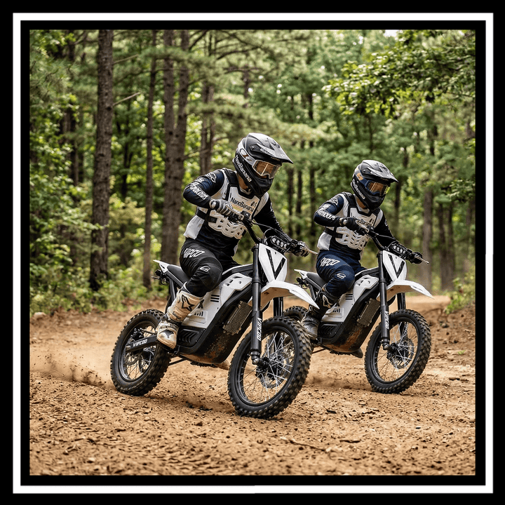 Two riders on VIPCOO H2 electric dirt bikes racing on a dirt trail surrounded by trees.