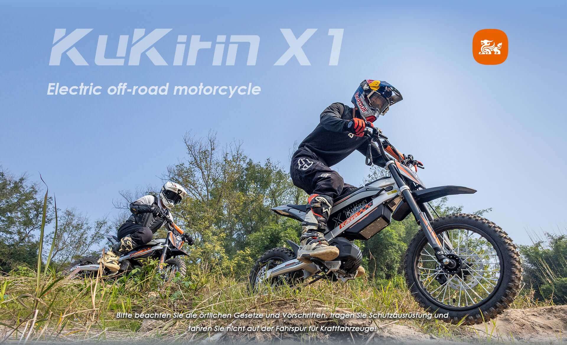 Two riders on KuKirin X1 electric off-road motorcycles navigating through grassy terrain. Safe riding is encouraged.