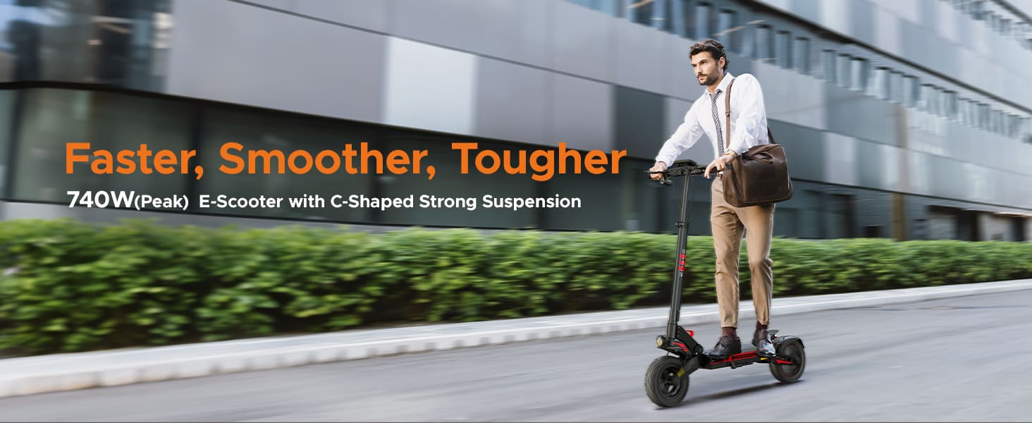 Man riding a 740W peak e-scooter on a city street, showcasing fast, smooth, and tough performance.