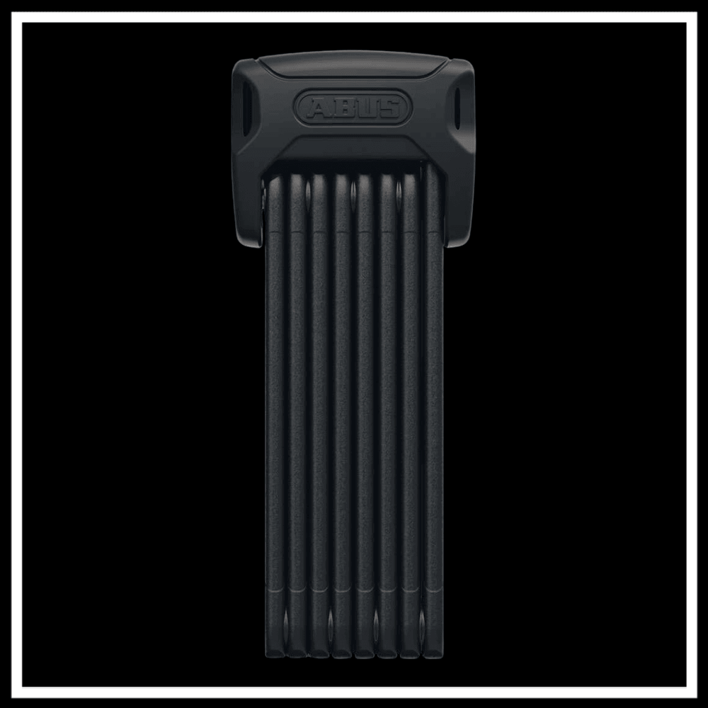 ABUS BORDO BIG 6000K90120 SAFER LOCKER folded lock with 5mm steel rods on a black background.