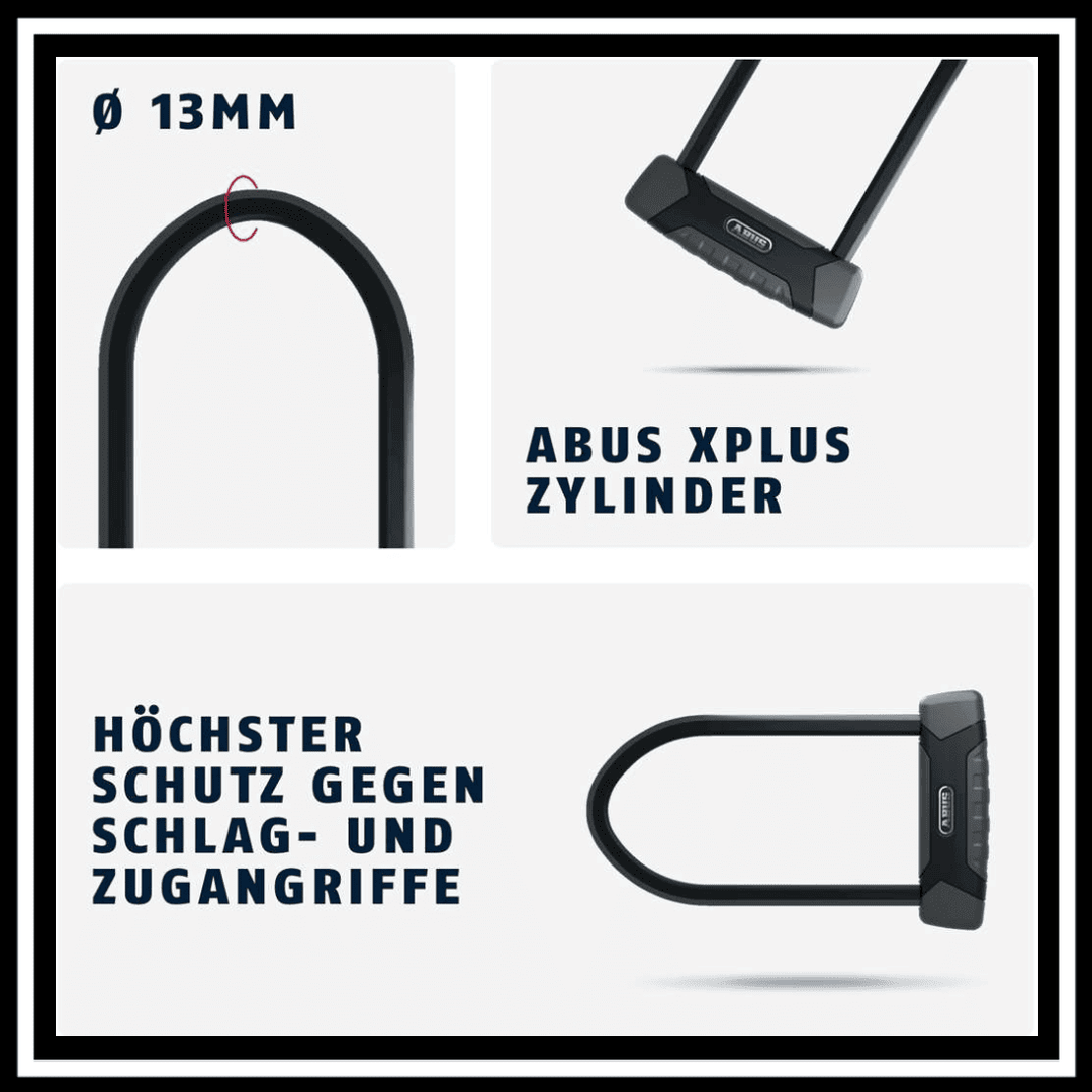 ABUS GRANIT X-PLUS SAFER LOCKER ELECTRIC BIKE LOCK features ABUS XPLUS cylinder and robust 13mm shackle for maximum security.