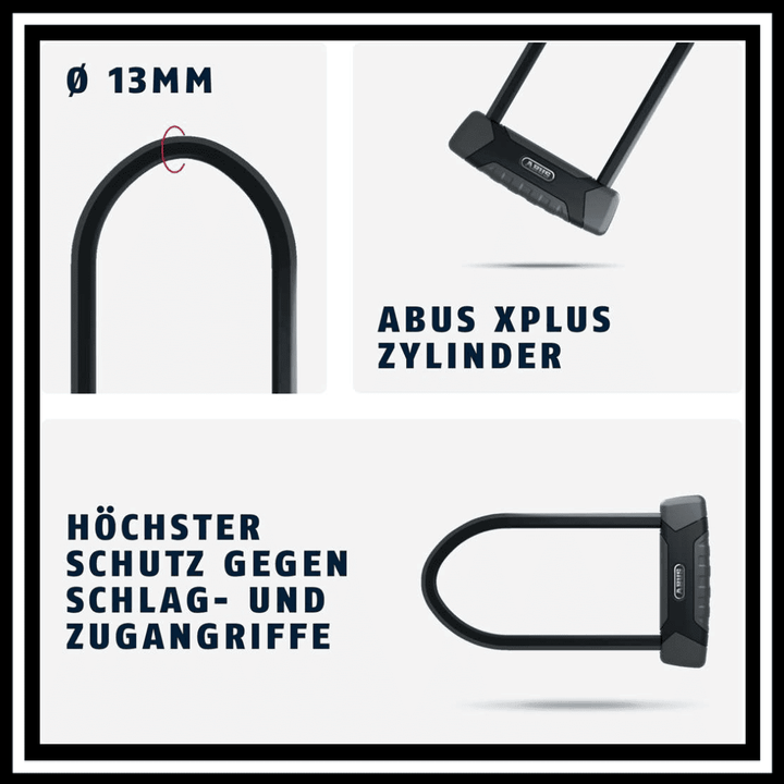 ABUS GRANIT X-PLUS SAFER LOCKER ELECTRIC BIKE LOCK features ABUS XPLUS cylinder and robust 13mm shackle for maximum security.