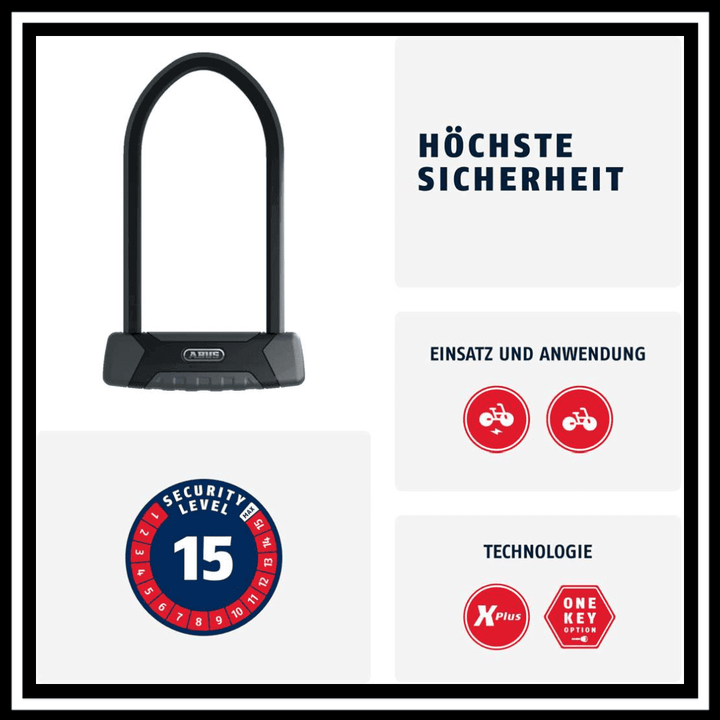 ABUS GRANIT X-PLUS SAFER LOCKER ELECTRIC BIKE LOCK with security level 15 features and usage information.