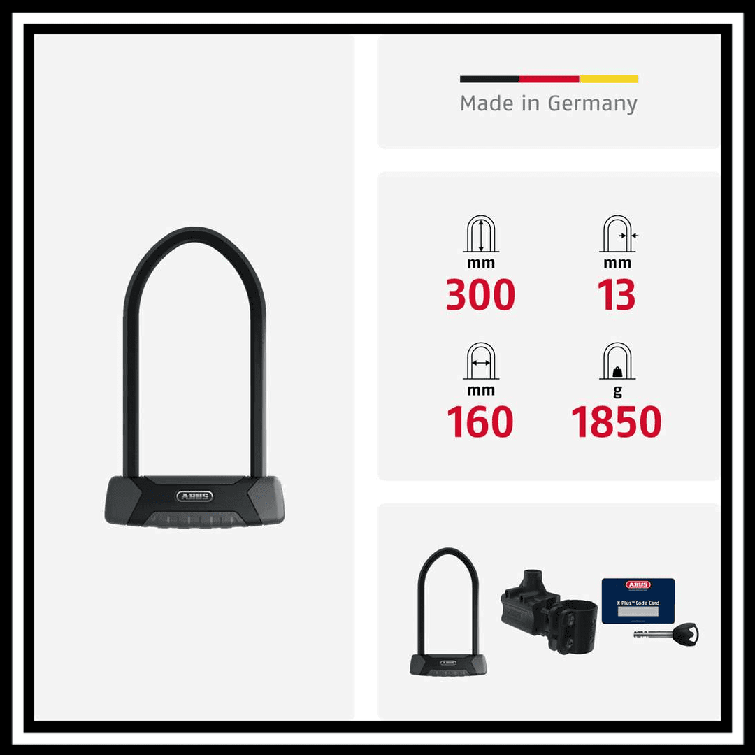 ABUS GRANIT X-PLUS SAFER LOCKER ELECTRIC BIKE LOCK specifications and features, including dimensions and weight.