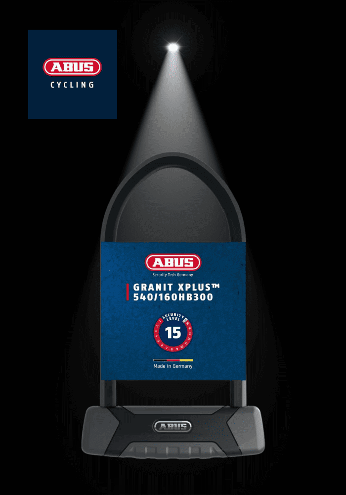 ABUS GRANIT X-PLUS BIKE LOCK displayed with light, featuring a robust round shackle and security level 15 of 15.