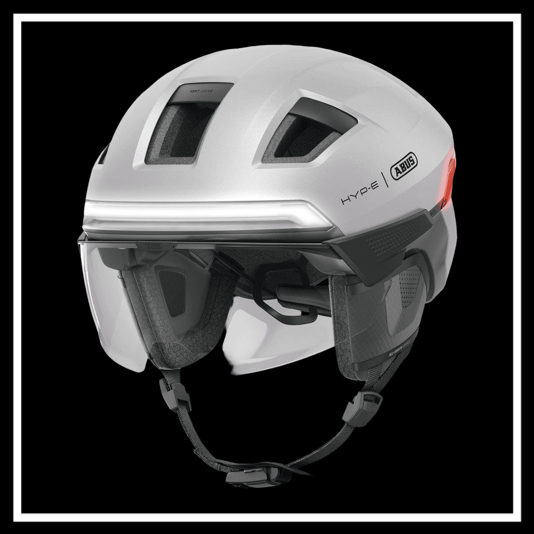 ABUS HYP-E ACE BICYCLE HELMET ELECTRIC BIKE in sleek silver design with visor for safety and style