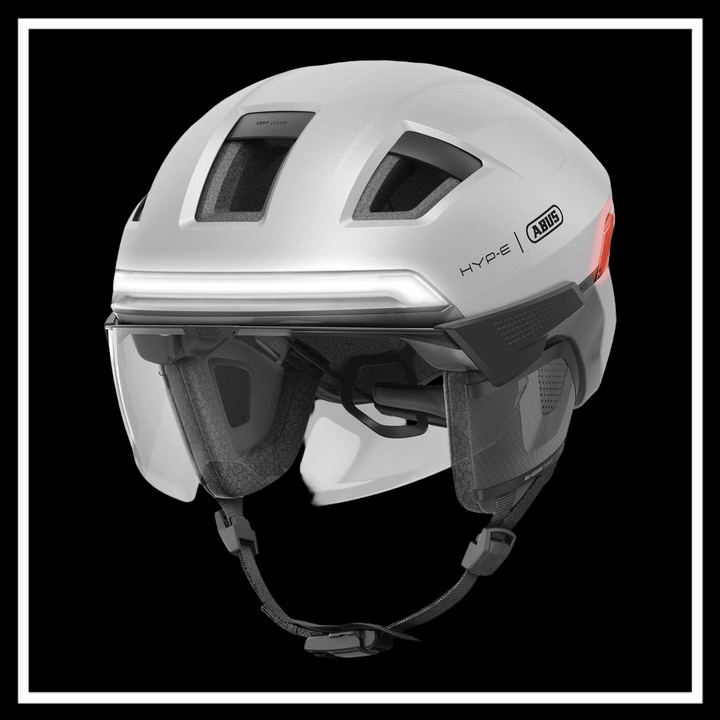 ABUS HYP-E ACE BICYCLE HELMET ELECTRIC BIKE in sleek silver design with visor for safety and style