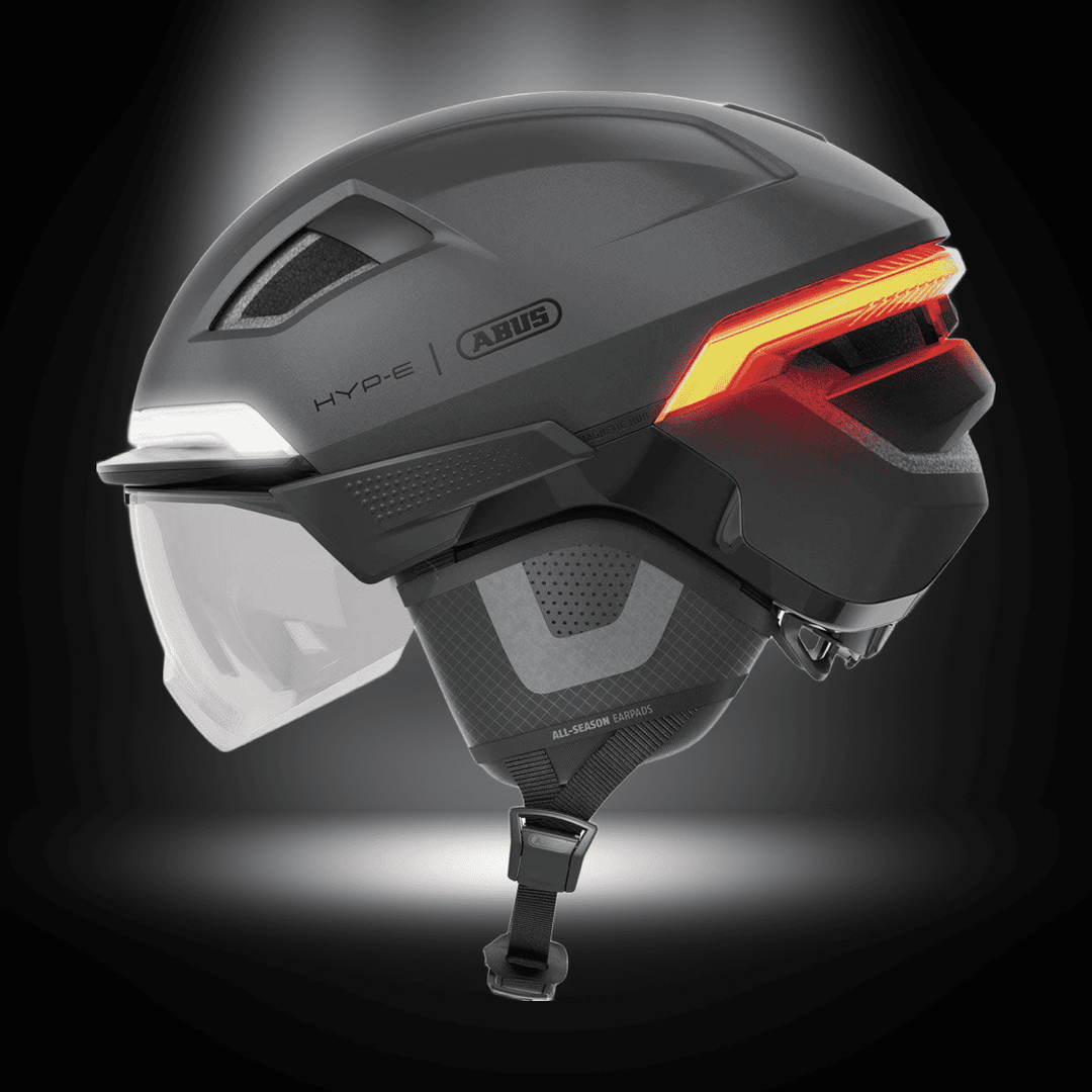 ABUS HYP-E ACE BICYCLE HELMET ELECTRIC BIKE side view with visor and integrated lights