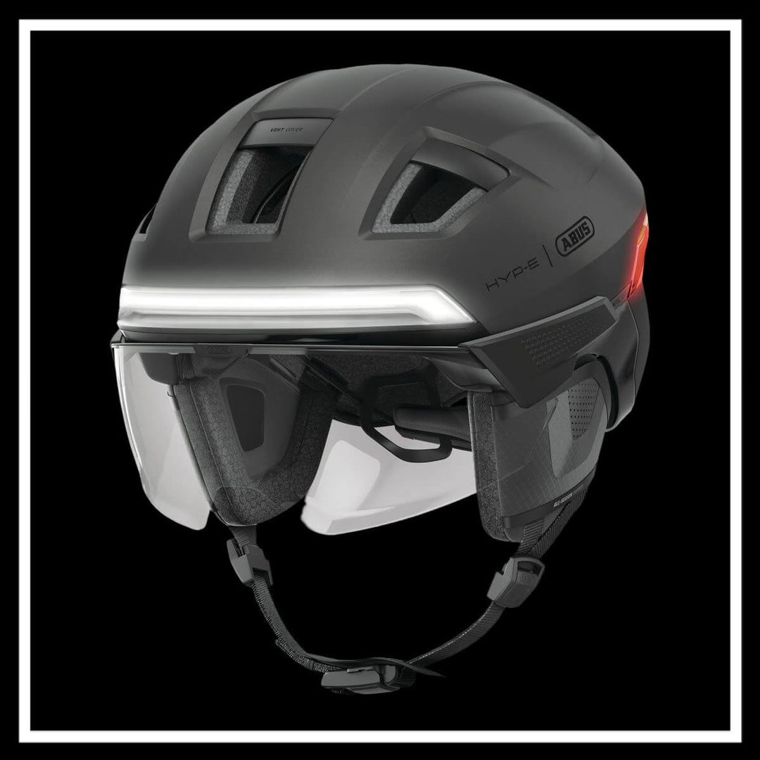 ABUS HYP-E ACE BICYCLE HELMET ELECTRIC BIKE with visor and reflective design, ideal for safe urban cycling.