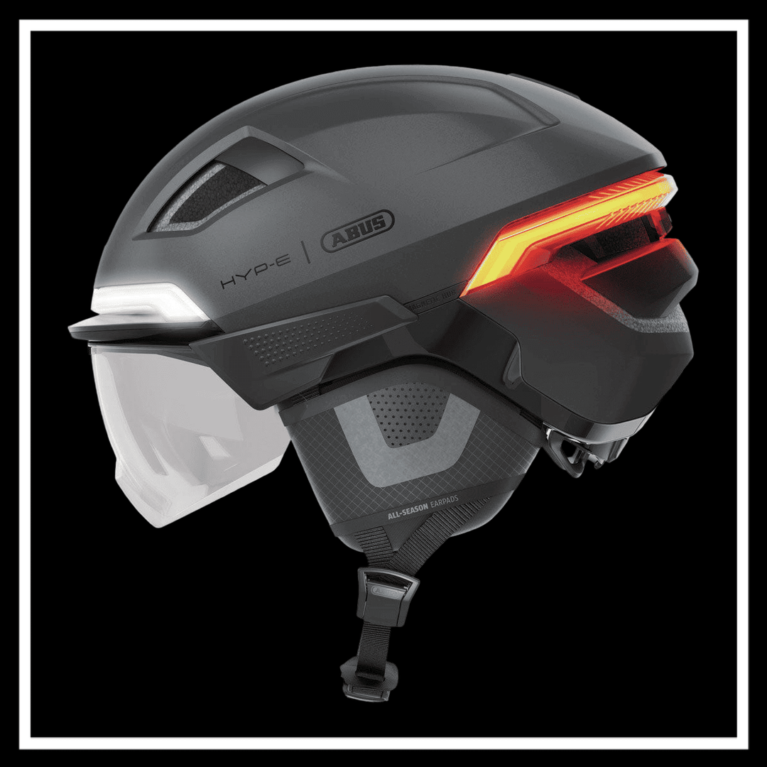 ABUS HYP-E ACE BICYCLE HELMET ELECTRIC BIKE side view with safety features and integrated lights