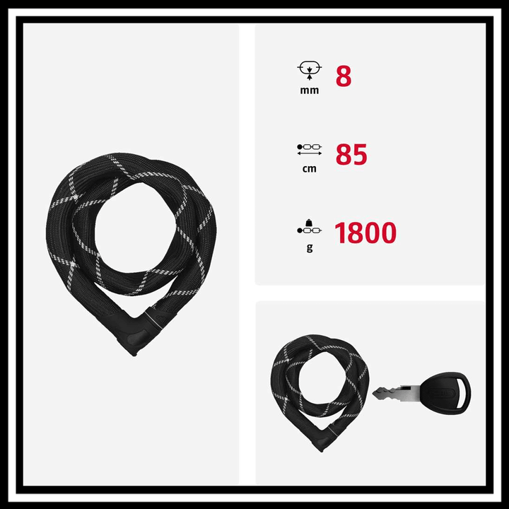 ABUS IVEN CHAIN 8210 CHAIN LOCK SAFE LOCKER details with specifications on dimensions and weight.