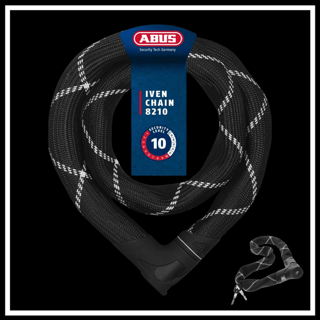 ABUS IVEN CHAIN 8210 CHAIN LOCK SAFE LOCKER shown on a black background with a secure rating of 10.