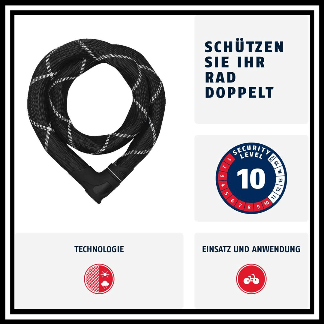 🇮🇪🇪🇺 ABUS IVEN CHAIN 8210 CHAIN LOCK showing the cable lock with security level 10.