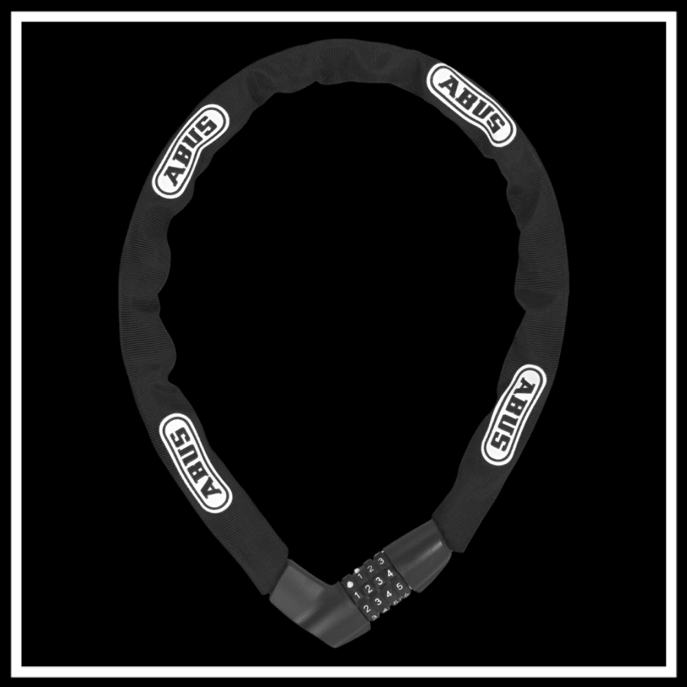 alt_tag: 🇮🇪🇪🇺 ABUS TRESOR 1385/85 chain lock with combination mechanism for bicycle security.