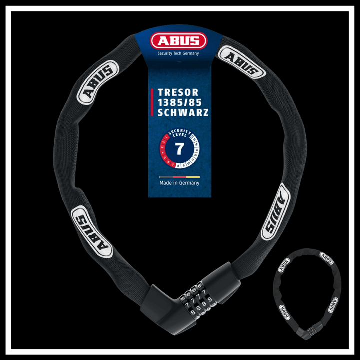 🇮🇪🇪🇺 ABUS TRESOR 1385/85 black chain lock with combination mechanism and security level 7, ideal for bicycles.