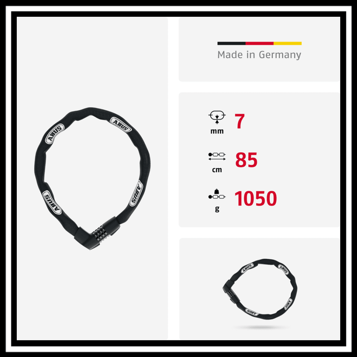 🇮🇪🇪🇺 ABUS TRESOR 1385/85 chain lock with a 7 mm square chain for bicycle security.