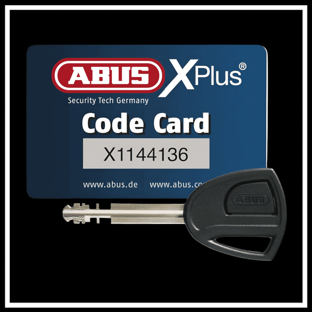 ABUS GRANIT X-PLUS BIKE LOCK key and code card for enhanced bicycle security.