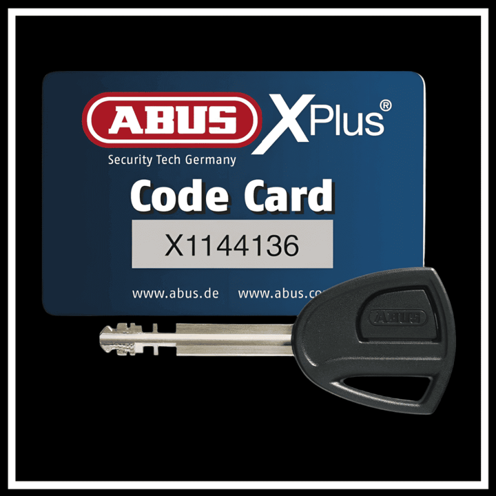 ABUS GRANIT X-PLUS BIKE LOCK key and code card for enhanced bicycle security.
