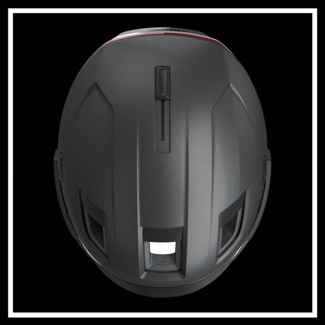 ABUS HYP-E ACE BICYCLE HELMET top view showcasing its aerodynamic design and ventilation features.