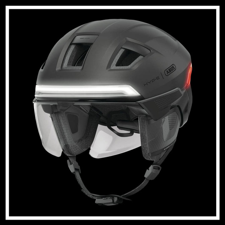 ABUS HYP-E ACE BICYCLE HELMET featuring a sleek design and integrated lighting for urban commuting.