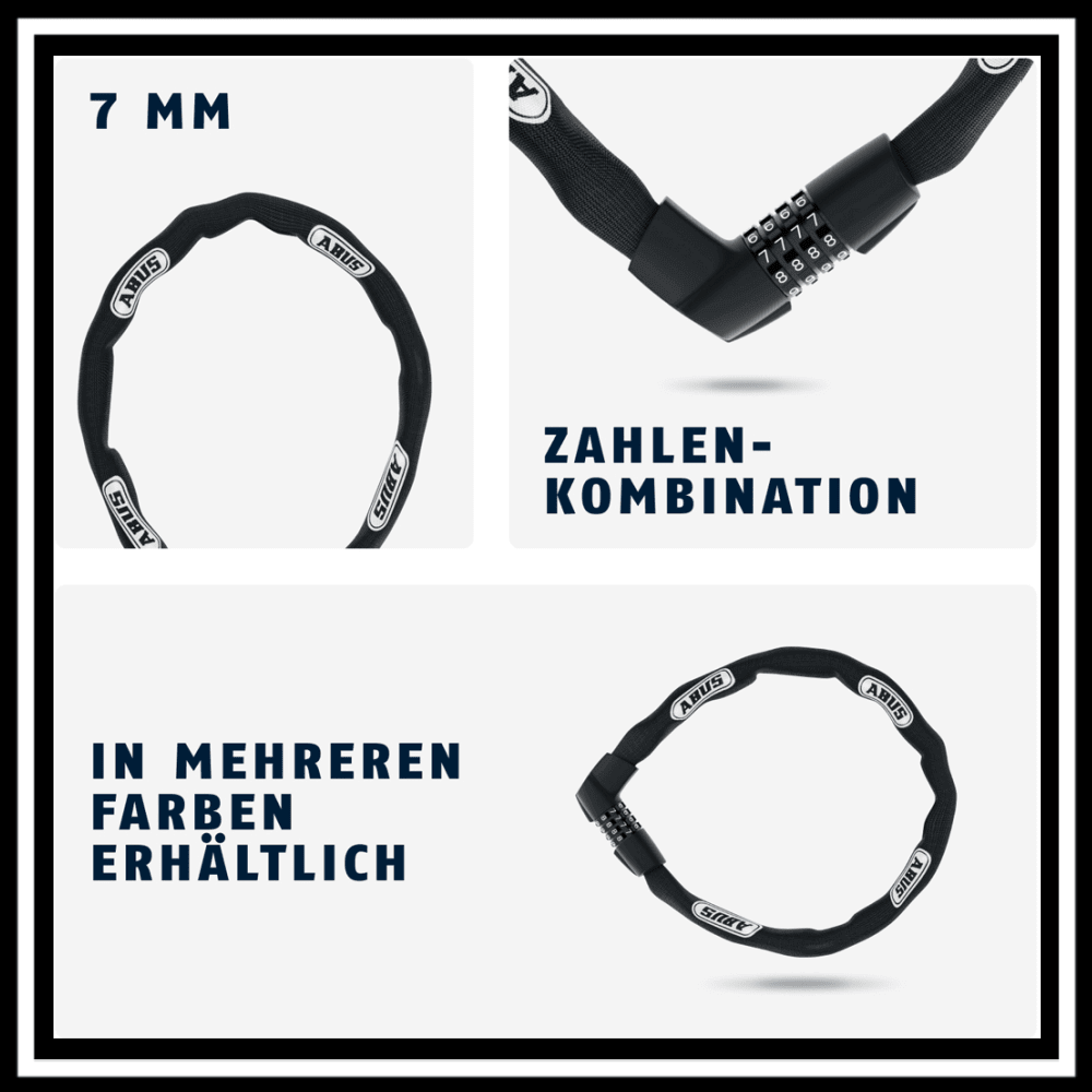 ABUS TRESOR 1385/85 lock-chain combination with 7 mm square chain and numbers, available in multiple colors.