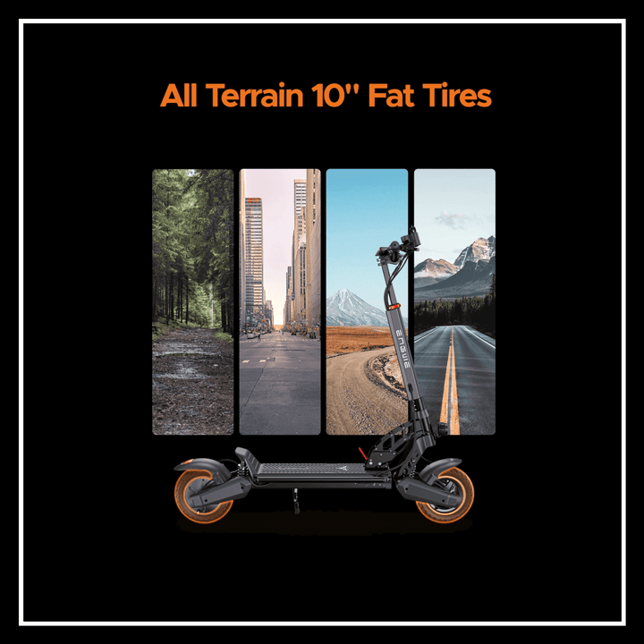 All Terrain 10'' Fat Tires featured on an electric scooter, showcasing its versatility for different landscapes.