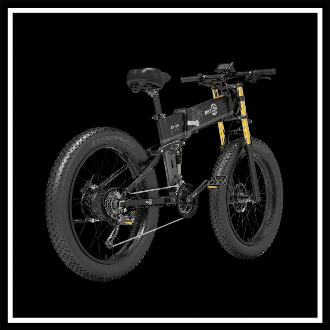 BEZIOR X PLUS 1500W ELECTRIC BIKE showcasing its stylish design and robust features against a dark background.