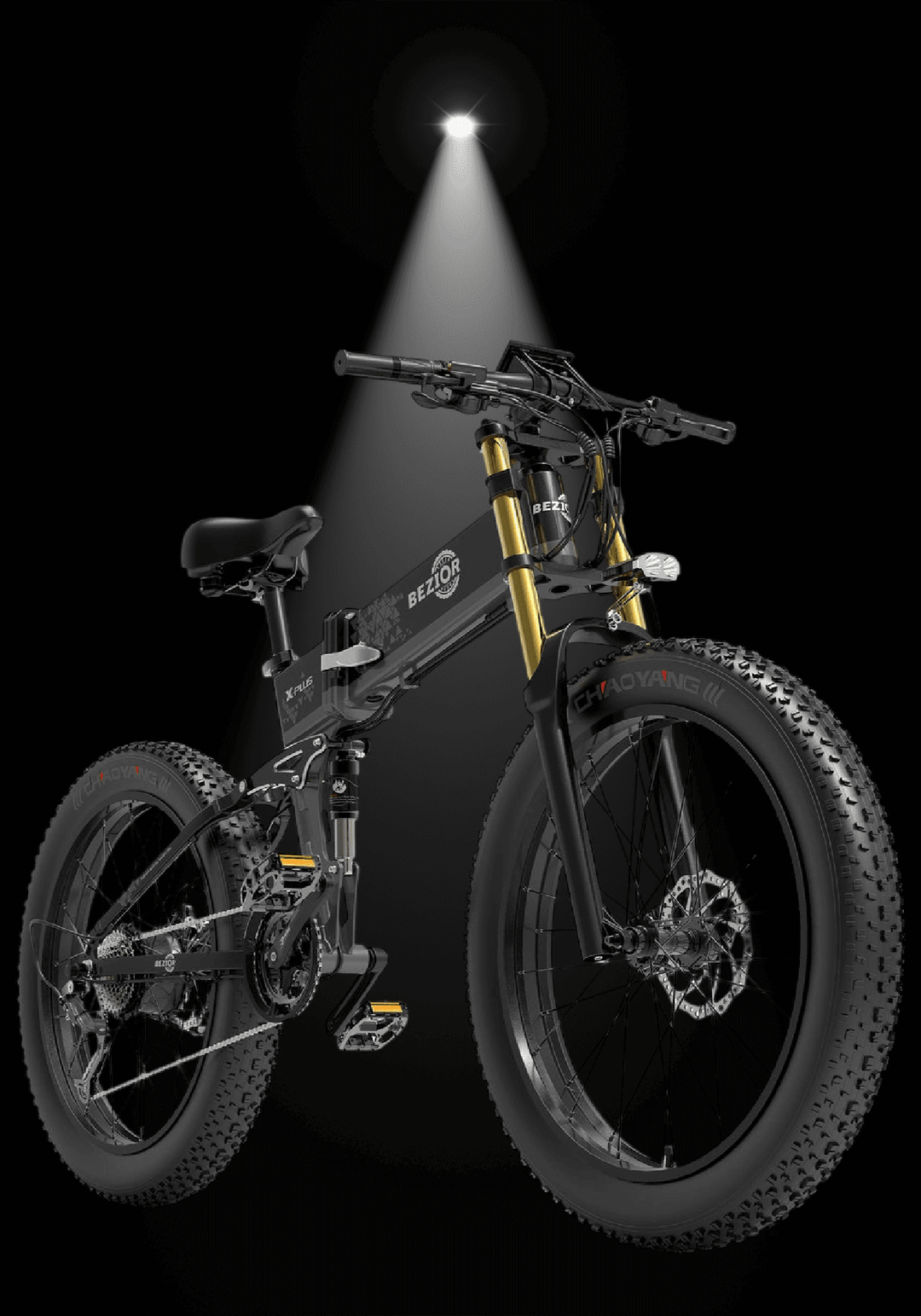 BEZIOR X PLUS 1500W ELECTRIC BIKE displayed under spotlight with its sleek design and rugged tires.