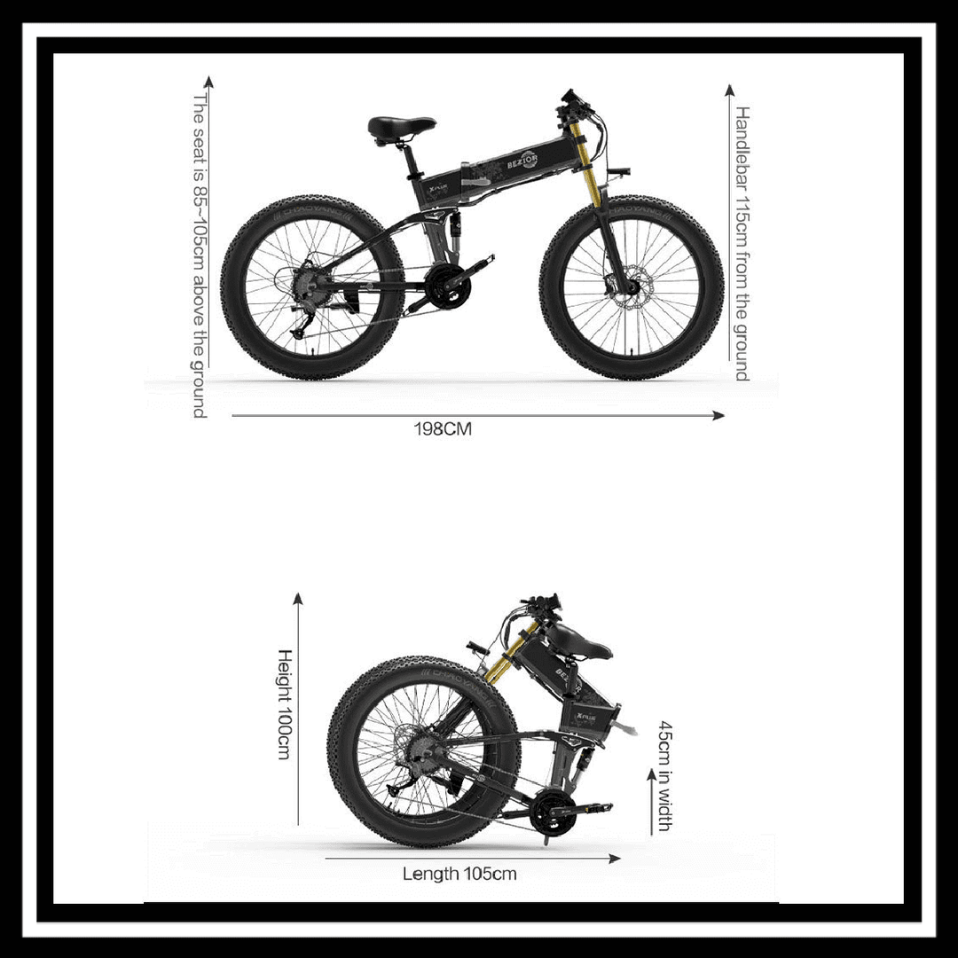 BEZIOR X PLUS 1500W electric mountain folding bike dimensions with measurements in centimeters.