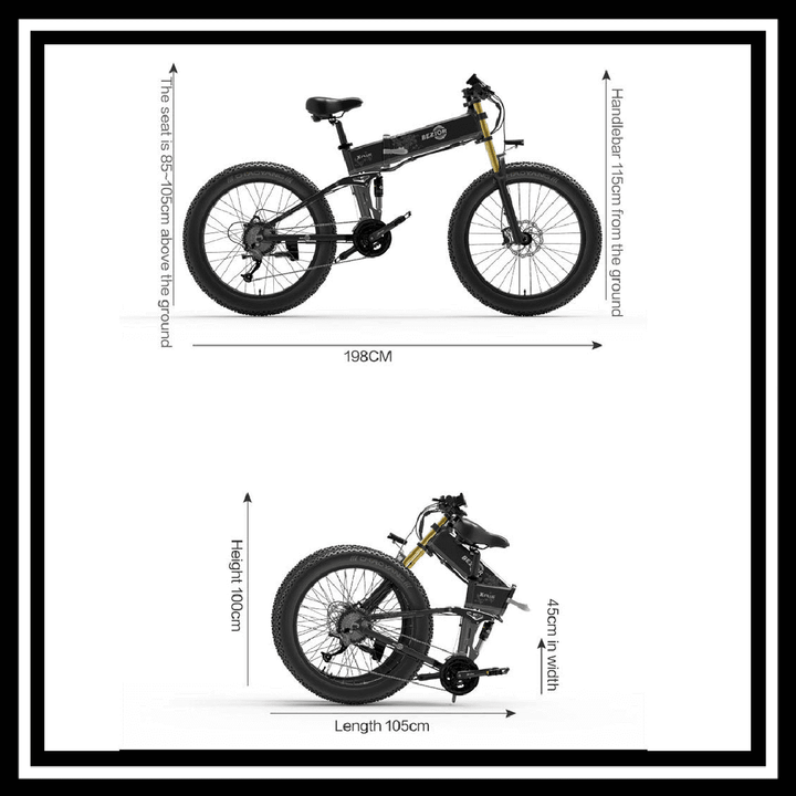 BEZIOR X PLUS 1500W electric mountain folding bike dimensions with measurements in centimeters.