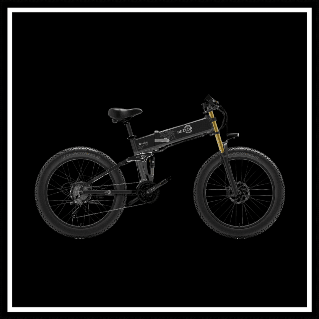 BEZIOR X PLUS 1500W electric mountain folding bike with fat tires and dual suspension.