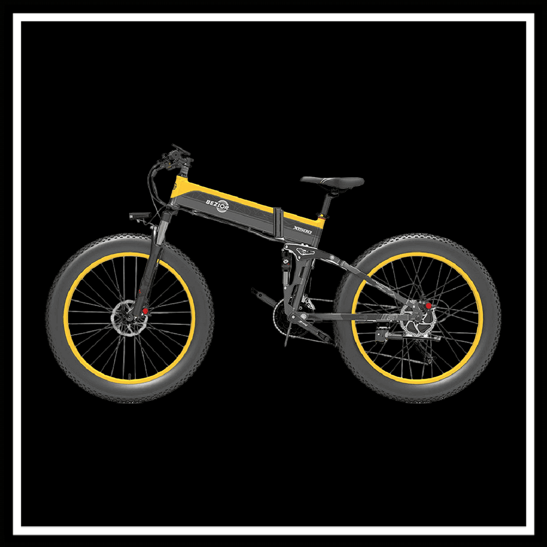 Bezior X1500 electric bike in black and yellow, showcasing its fat tires and folding design for off-road adventures.