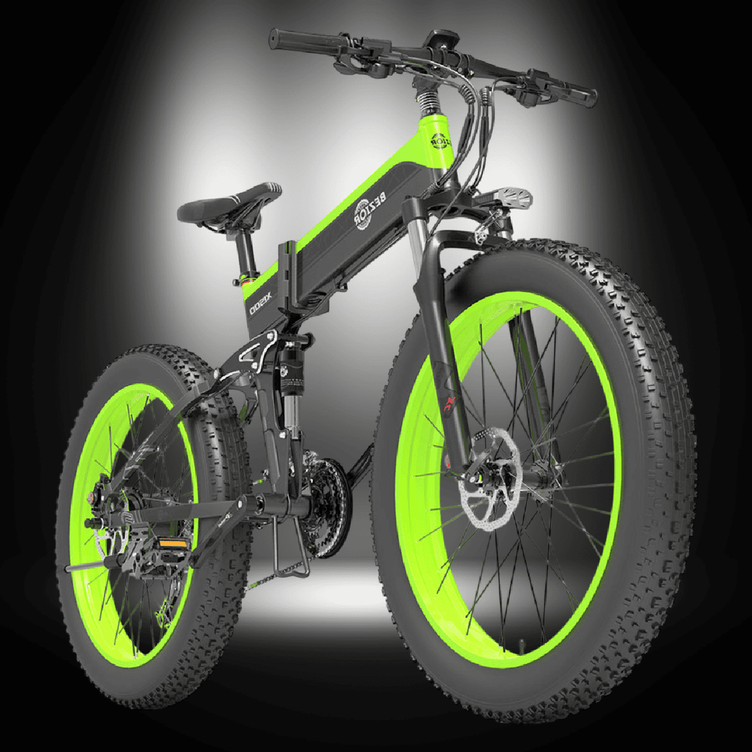 Bezior X1500 electric bike with fat tires and vibrant green accents, designed for off-road adventures.