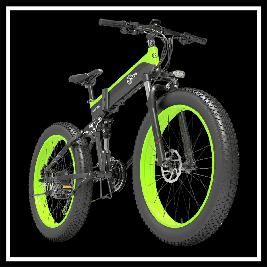 BEZIOR X 1500W electric mountain folding bike with green accents and fat tyres.