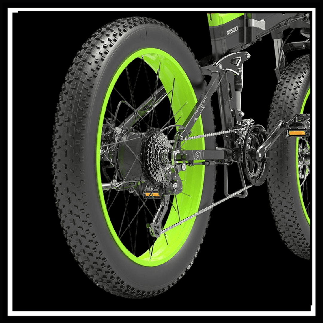 Rear view of BEZIOR X 1500W electric mountain bike showcasing its vibrant green fat tyres and rugged design.