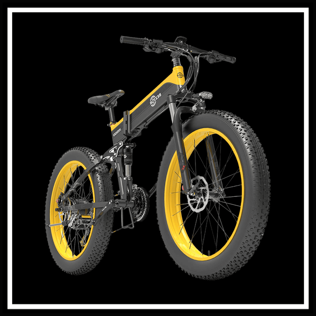 BEZIOR X 1500W electric mountain folding bike with yellow fat tyres and dual shock suspension.