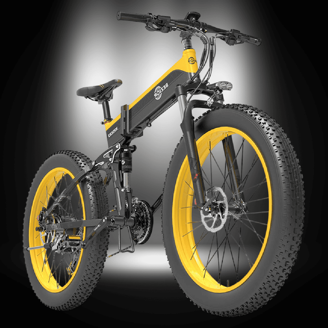 BEZIOR X 1500W electric mountain folding bike with 26x4.0” fat tyres and dual shock suspension.