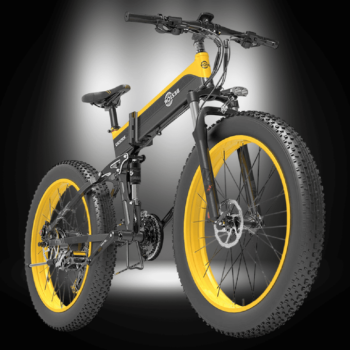 BEZIOR X 1500W electric mountain folding bike with 26x4.0” fat tyres and dual shock suspension.