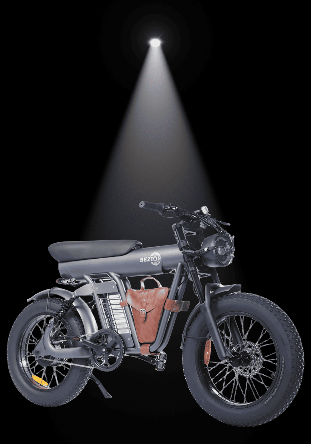 BEZIOR XF006 ELECTRIC BIKE displayed under spotlight with stylish design and robust build for an adventurous ride.