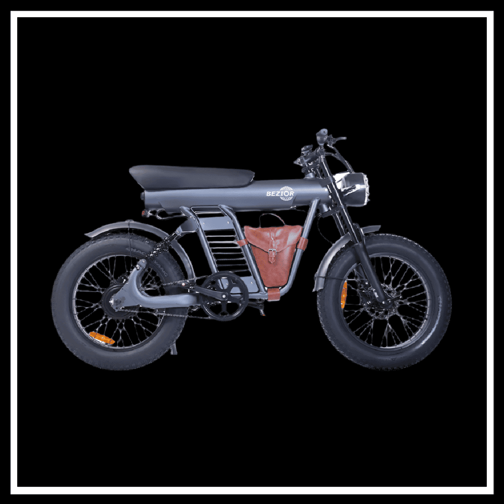 BEZIOR XF006 ELECTRIC BIKE side view with a stylish design and brown saddle bag on a black background.