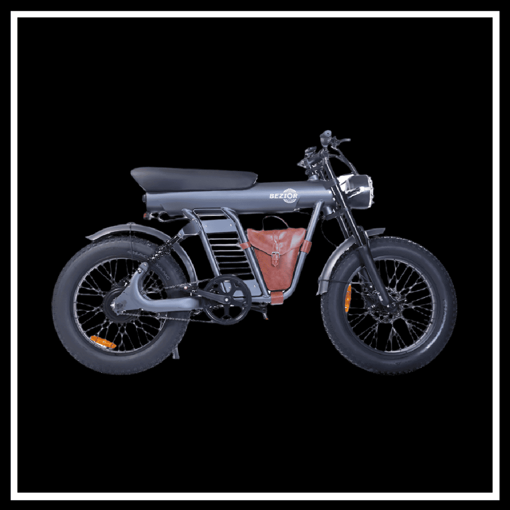 BEZIOR XF006 electric mountain bike with a stylish design, fat tires, and a saddle bag on a black background.