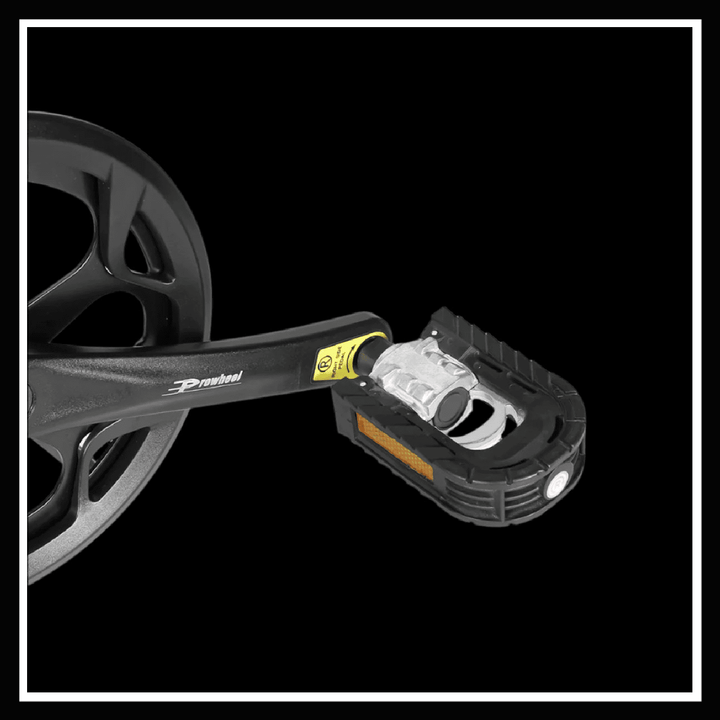 Close-up of a SAMEBIKE XWLX09 II electric bike pedal and crank arm on a black background.